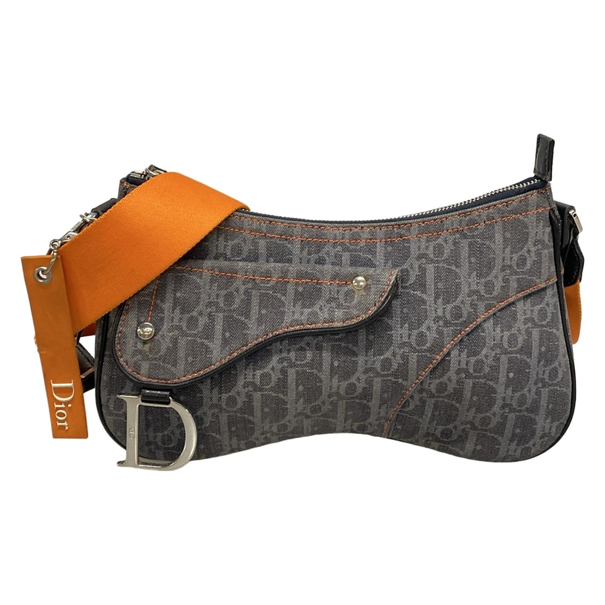 【中古】DIOR/ChristianDior(ディオール/クリスチャンディオール) フライト/トロッター ショルダーバッグ ダークグレー×オレンジ レザー