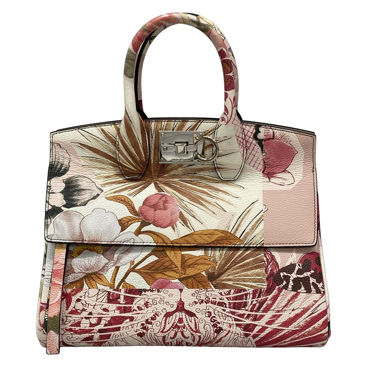 【中古】FERRAGAMO/SalvatoreFerragamo(サルバトーレフェラガモ) スタジオバッグ スモール ハンドバッグ 花柄 白×ピンク×マルチ レザー