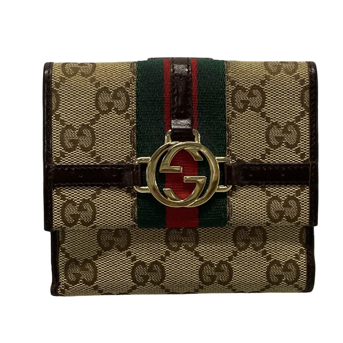 【中古】GUCCI(グッチ) GG柄/シェリー/インターロッキングG Wホック財布 ベージュ×ダークブラウン レザー