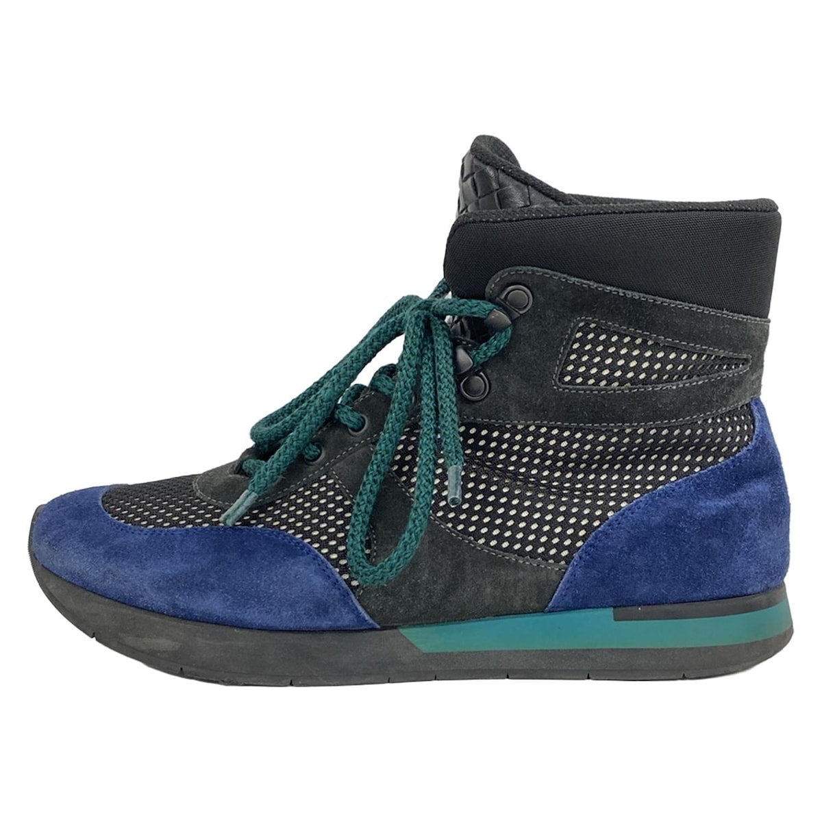 【新着】【中古】BOTTEGA VENETA(ボッテガヴェネタ) スニーカー イントレチャート/インソール取外し可/ハイカット 黒×ネイビー×マルチ レザー