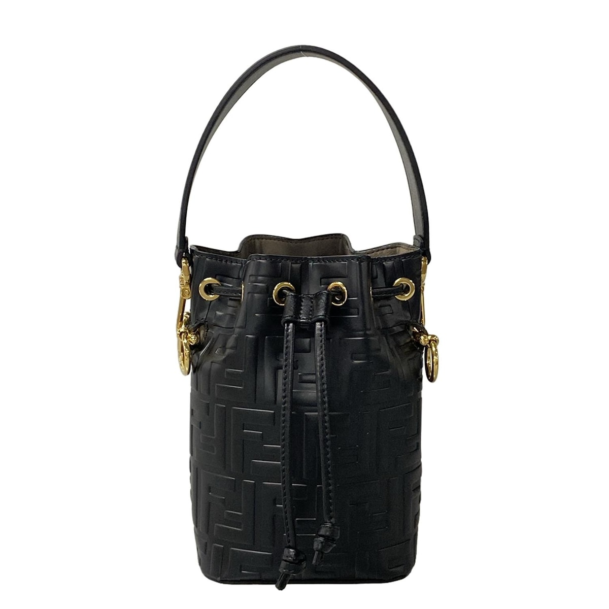 【中古】FENDI(フェンディ) ミニ モン トレゾール,ズッカ柄 ハンドバッグ 巾着型/型押し加工 黒 レザー