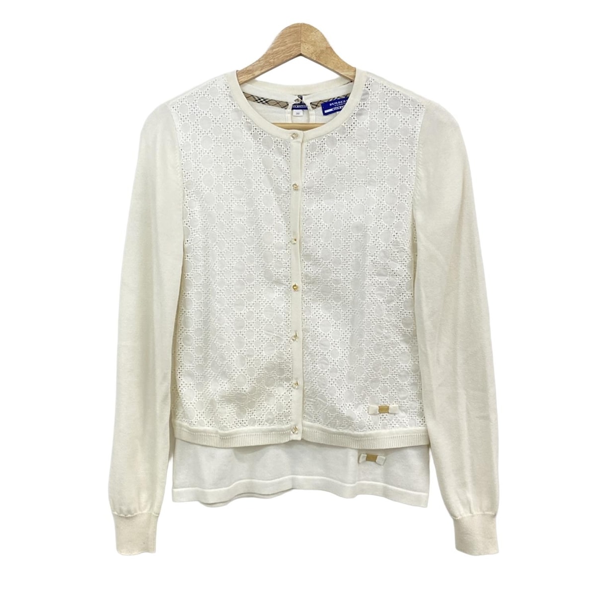 【新着】【中古】Burberry Blue Label(バーバリーブルーレーベル) アンサンブル 半袖トップス/長袖カーデ/コットンレース切り替え/クリアビーズボタン 白