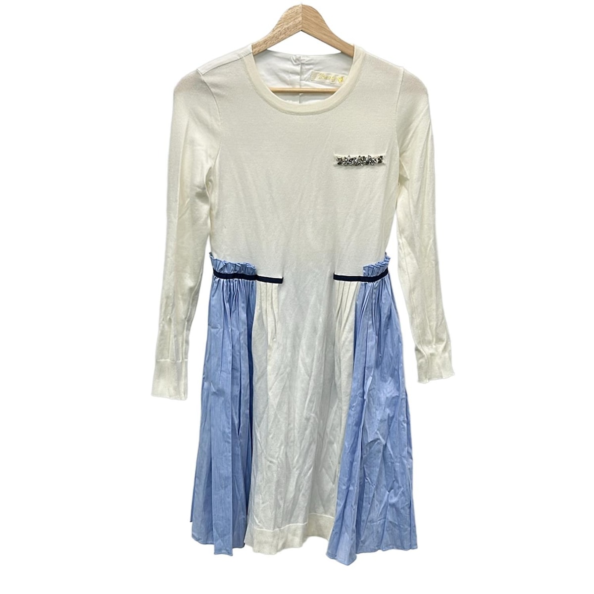 【中古】Chesty(チェスティ) ワンピース クルーネック/長袖/ひざ丈/ドッキングワンピ/ラインストーン/ビーズ 白×ライトブルー×ネイビー