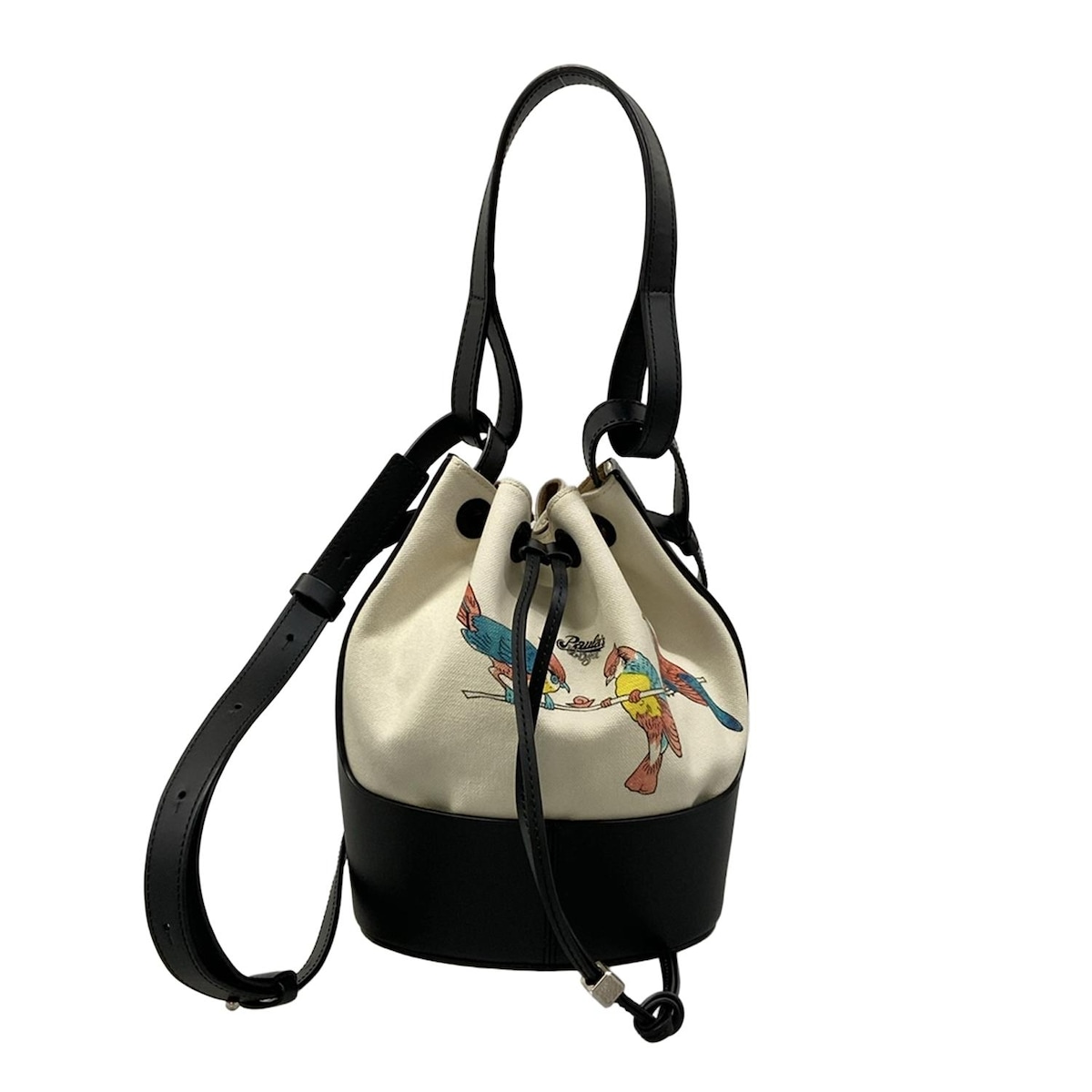 【新着】【中古】LOEWE(ロエベ) バルーンバッグ スモール ショルダーバッグ 2WAY/巾着型/鳥 アイボリー×黒×マルチ レザー