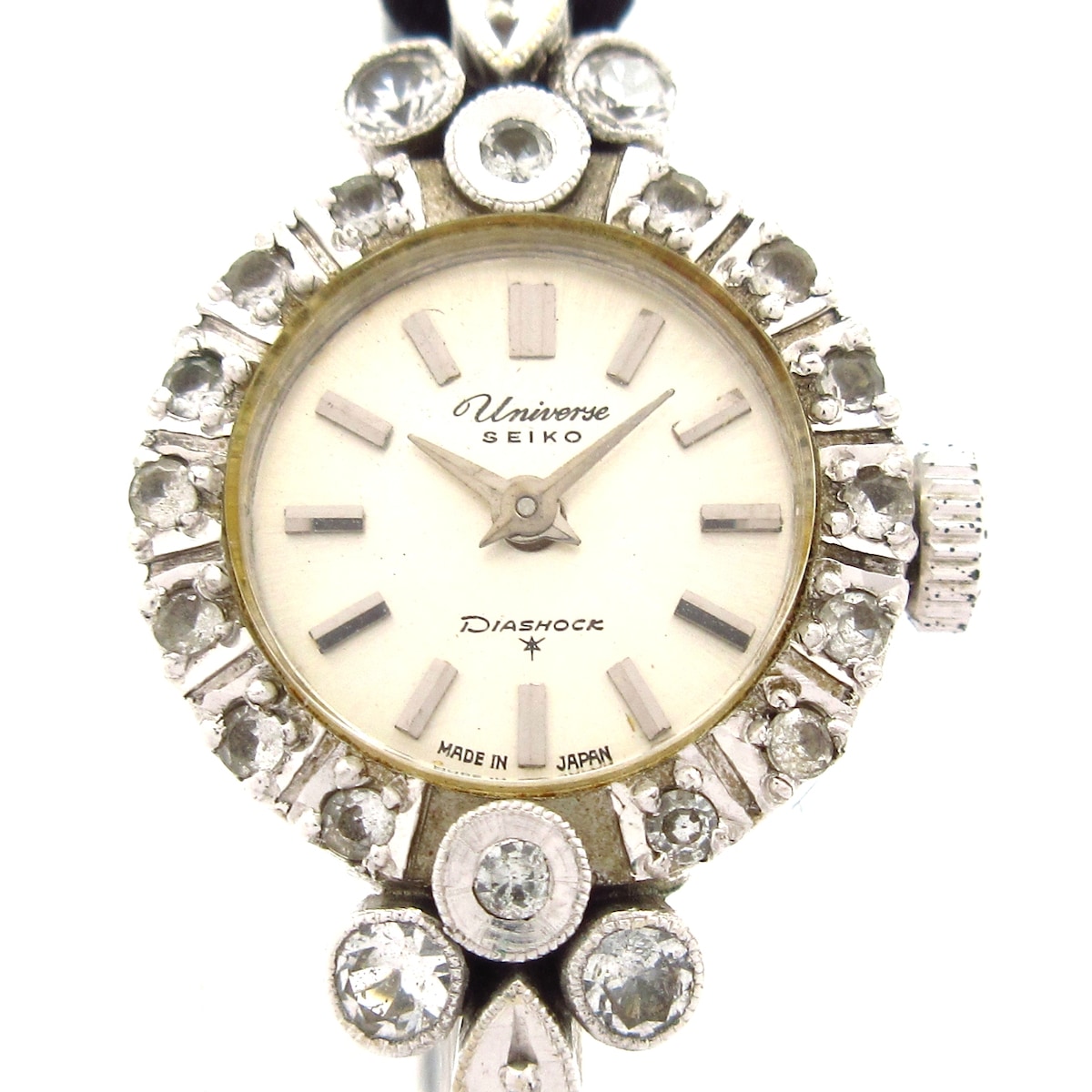 【中古】SEIKO(セイコー) ウォッチ K14WG/Universe/アンティーク/ラインストーンベゼル/要OH しろがね色