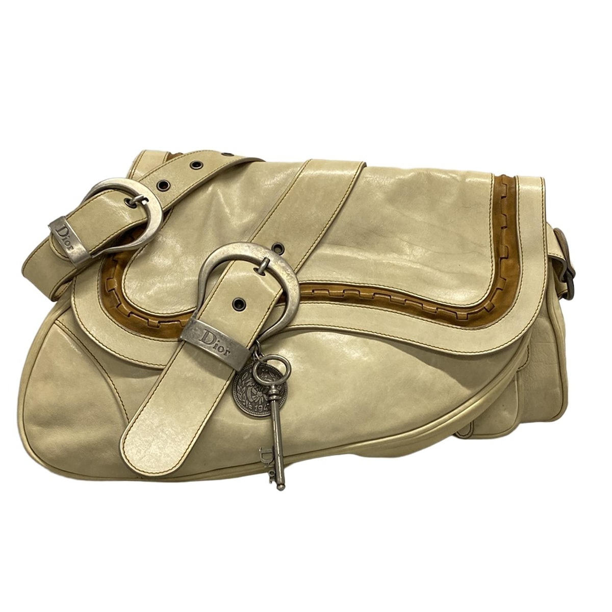 【新着】【中古】DIOR/ChristianDior(ディオール/クリスチャンディオール) ガウチョ ショルダーバッグ アイボリー×ブラウン レザー