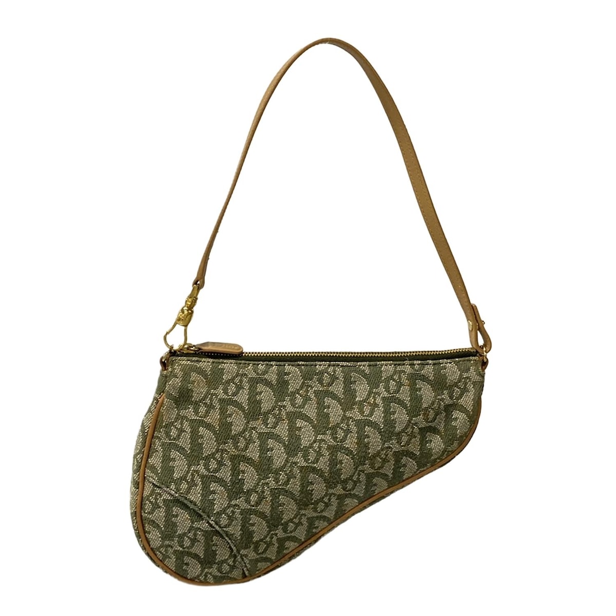 【中古】DIOR/ChristianDior(ディオール/クリスチャンディオール) サドルポーチ/トロッター ハンドバッグ グリーン×ブラウン レザー