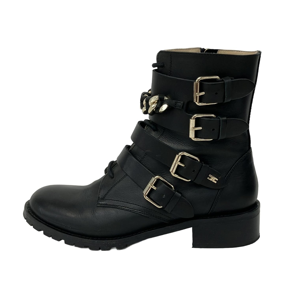 【新着】【中古】ELISABETTA FRANCHI(エリザベッタフランキ) ショートブーツ チェーン 黒 レザー