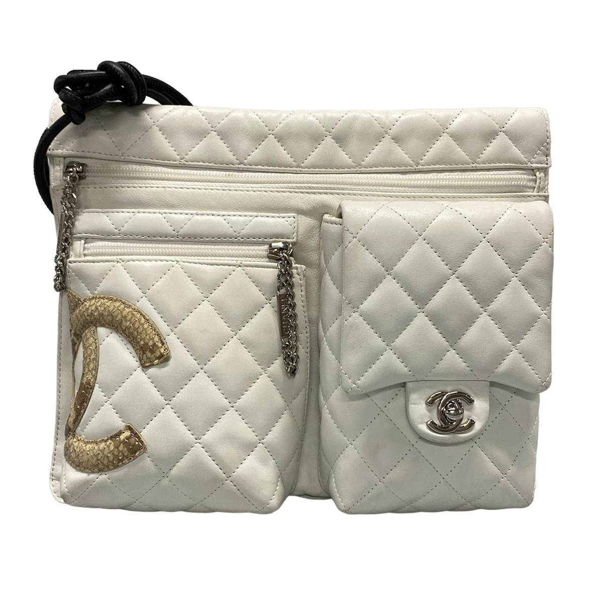 【中古】CHANEL(シャネル) カンボンライン ショルダーバッグ ココマーク/シルバー金具 白×ベージュ ラムスキン 100,870円