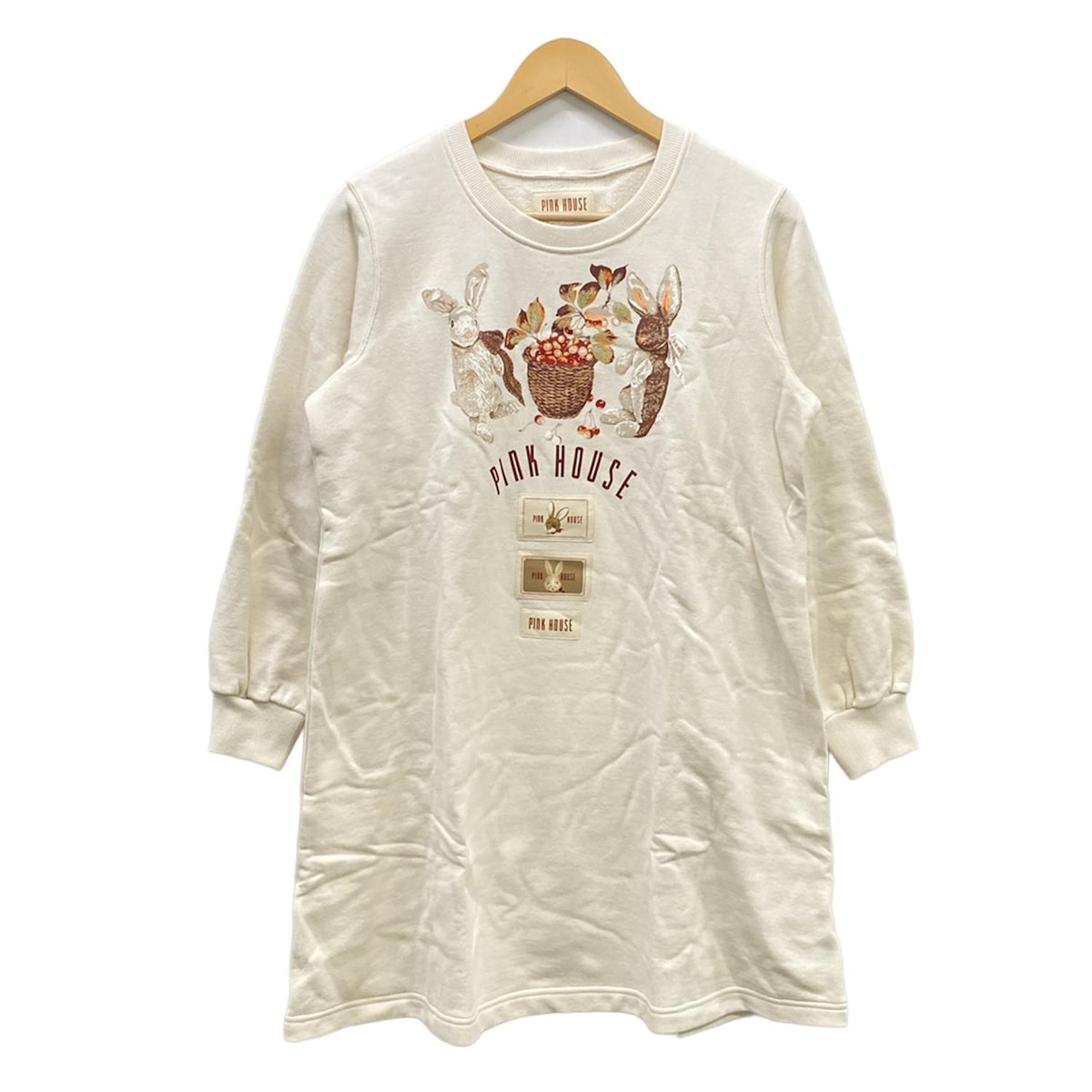 【新着】【中古】PINK HOUSE(ピンクハウス) ワンピース クルーネック/長袖/ひざ丈/うさぎ アイボリー×ダークブラウン×マルチ