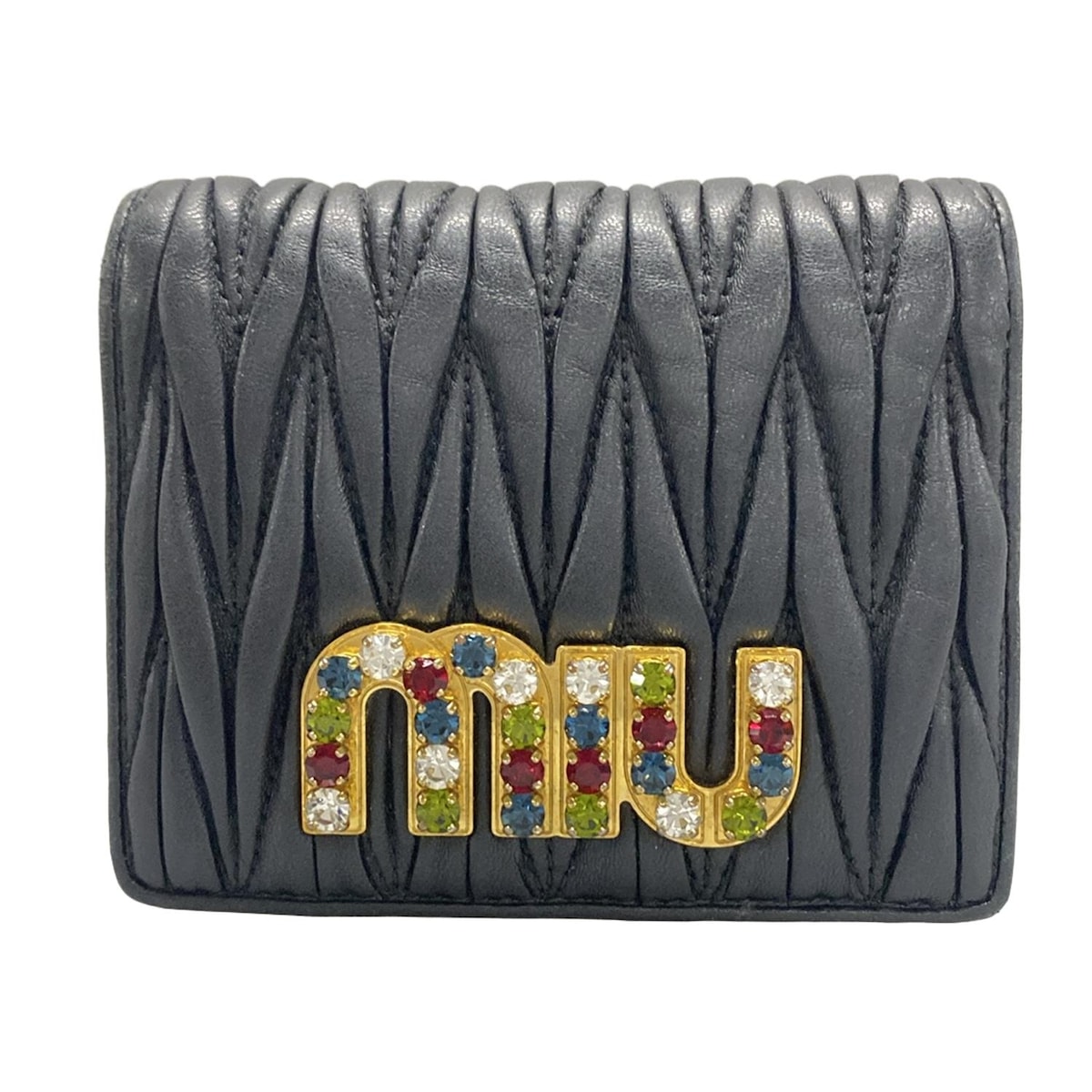【新着】【中古】miumiu(ミュウミュウ) マテラッセ 2つ折り財布 ビジュー 黒 レザー
