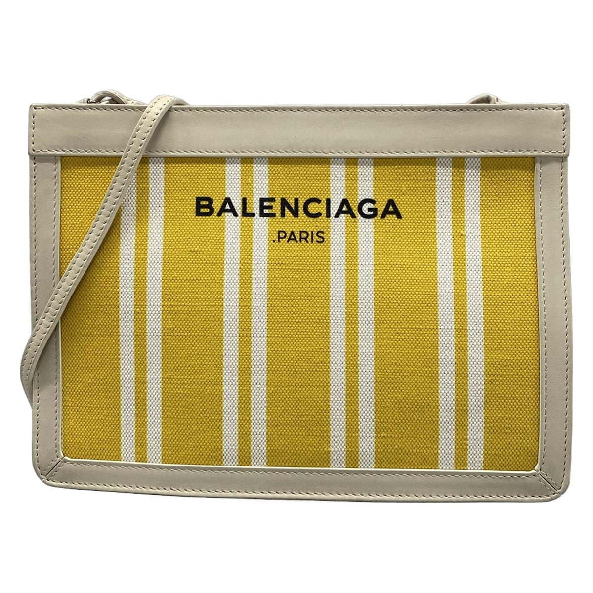 【新着】【中古】BALENCIAGA(バレンシアガ) ネイビーポシェット ショルダーバッグ ストライプ イエロー×アイボリー レザー