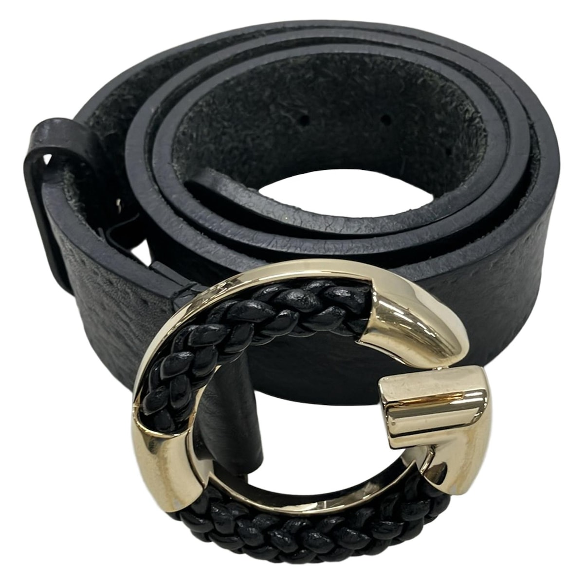 【中古】GUCCI(グッチ) ベルト Gバックル/編み込み 黒×ゴールド レザー