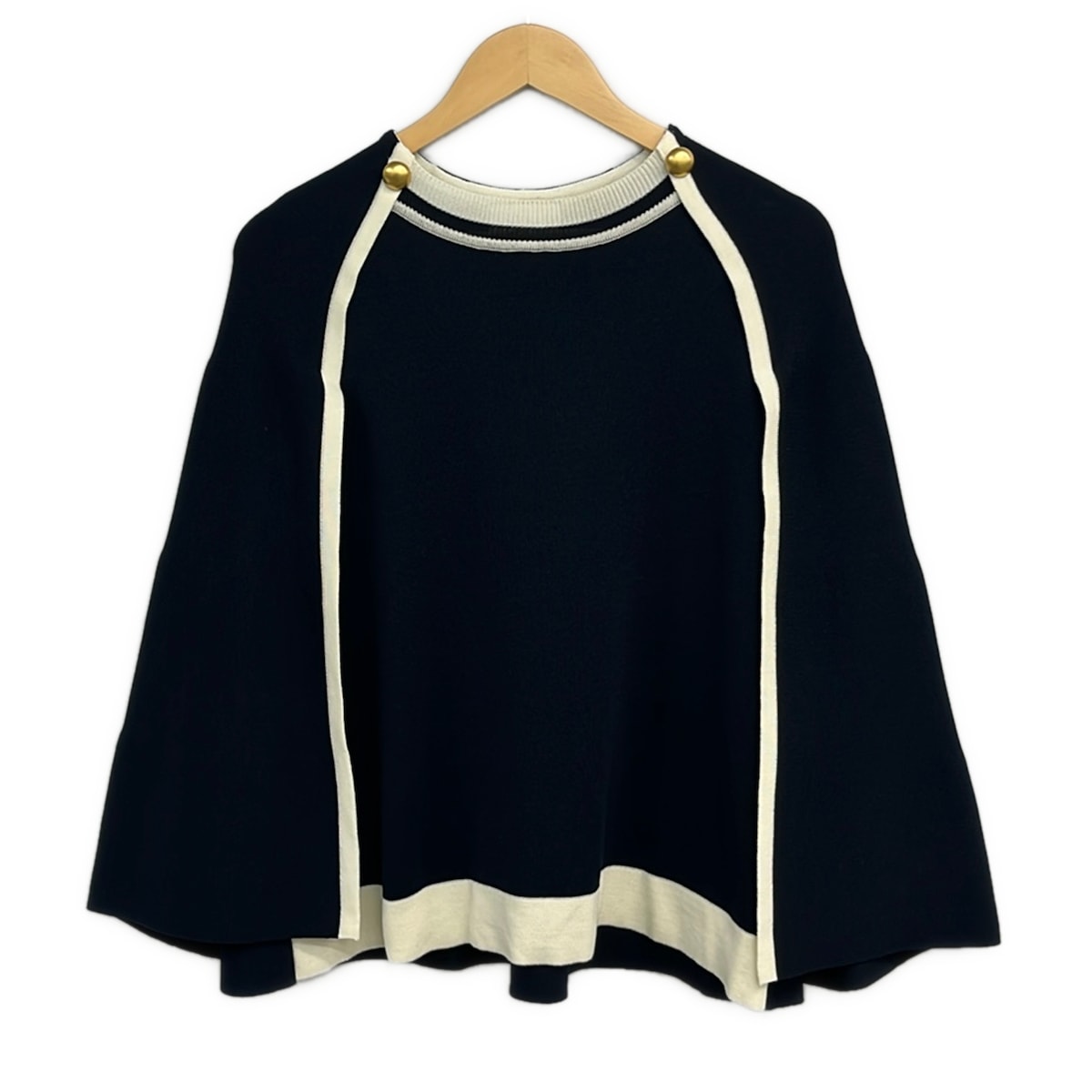【中古】SEVEN TEN by MIHO KAWAHITO(セブンテン バイミホカワヒト) セーター 変形袖 ダークネイビー×アイボリー|ブランディア 店