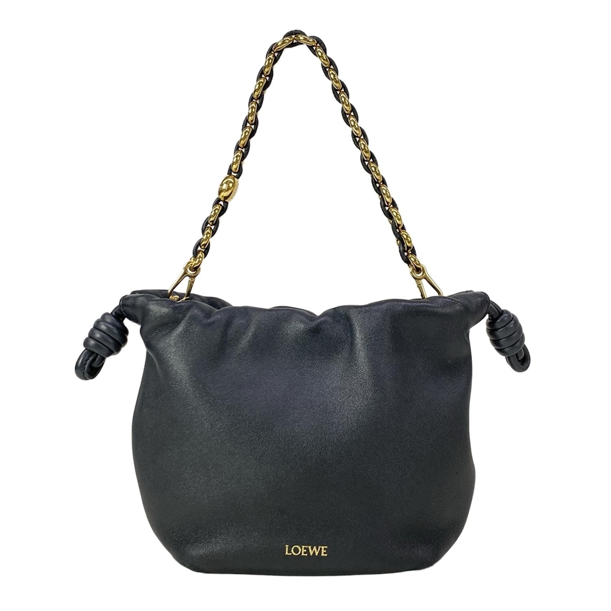 【新着】【中古】LOEWE(ロエベ) フラメンコがま口 ミニ ハンドバック 合切袋型/ミニ御徒面子/チェーン店手持ち部分 黒 子ヒツジひと肌 ハンドバッグ-レディースバッグ-バッグ