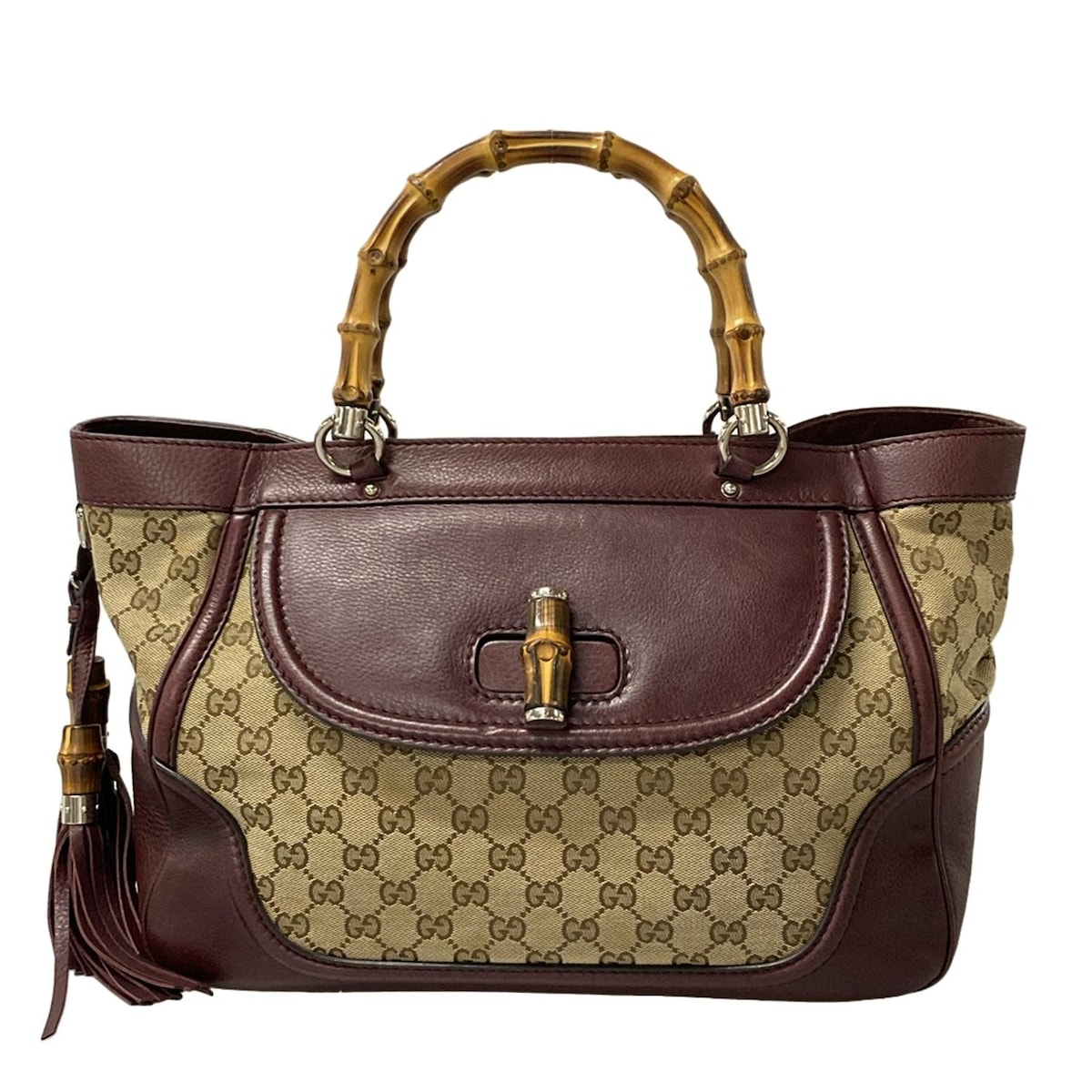 【新着】【中古】GUCCI(グッチ) バンブー/GG柄 ショルダーバッグ ベージュ×ダークブラウン×ボルドー レザー