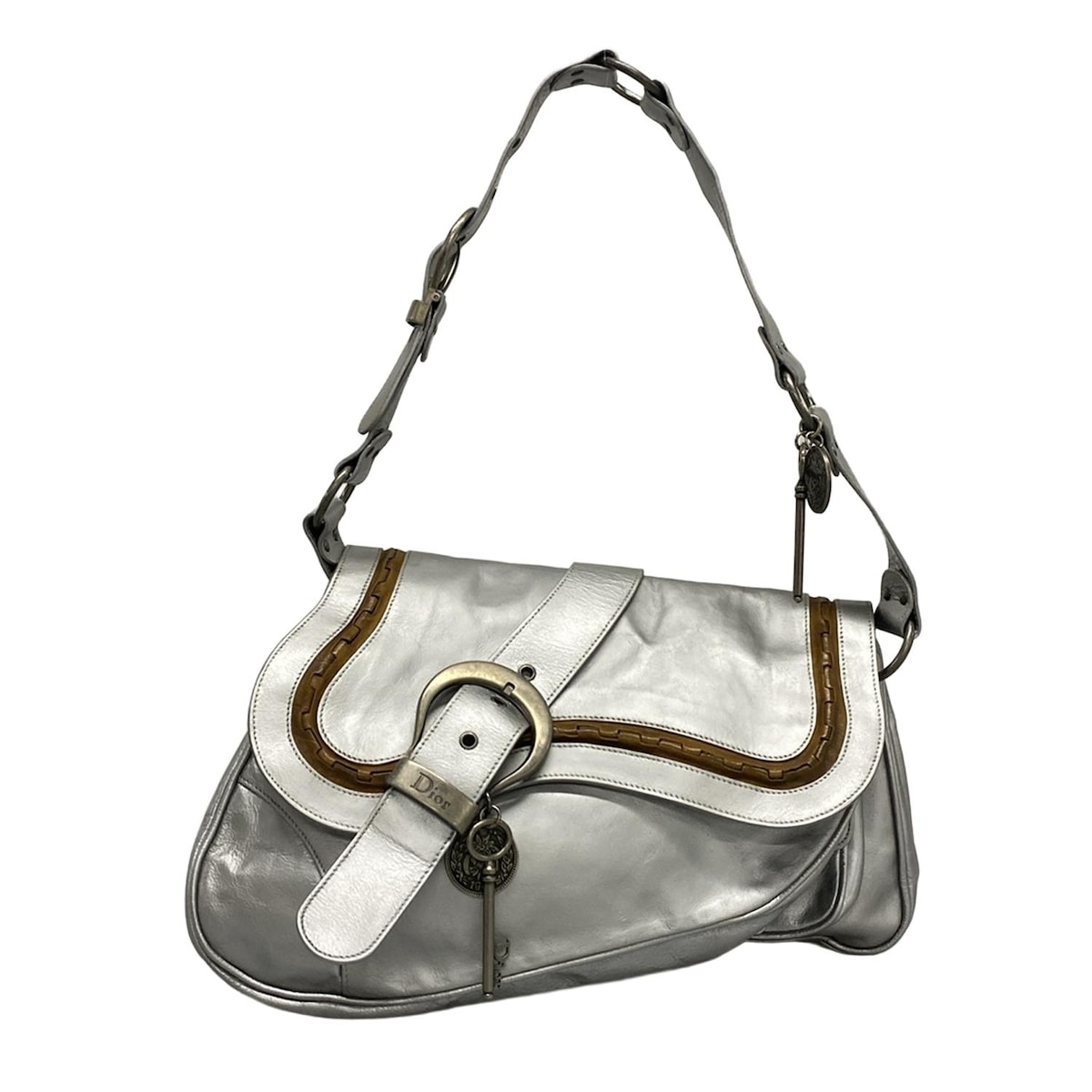 【新着】【中古】DIOR/ChristianDior(ディオール/クリスチャンディオール) ガウチョ ショルダーバッグ シルバー×ブラウン レザー