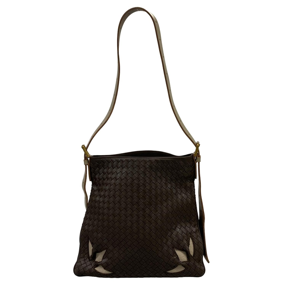 【中古】BOTTEGA VENETA(ボッテガヴェネタ) イントレチャート ショルダーバッグ ダークブラウン×グレー レザー