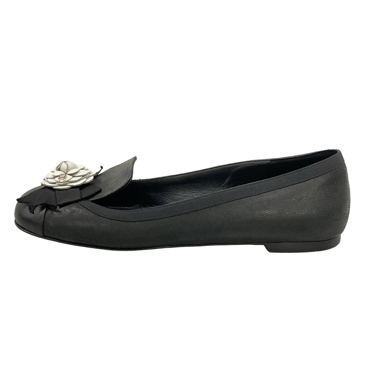 【中古】CHANEL(シャネル) フラットシューズ カメリア 黒×白 レザー