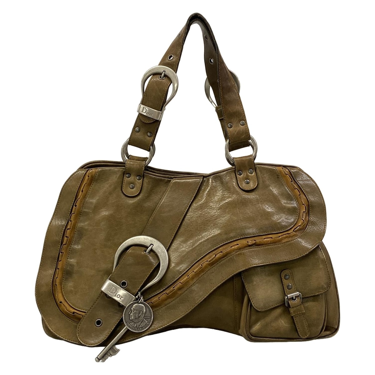 【新着】【中古】DIOR/ChristianDior(ディオール/クリスチャンディオール) ガウチョ ハンドバッグ カーキ×ライトブラウン レザー
