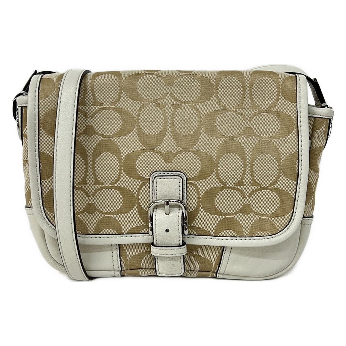 【中古】COACH(コーチ) ショルダーバッグ ベージュ×白 レザー