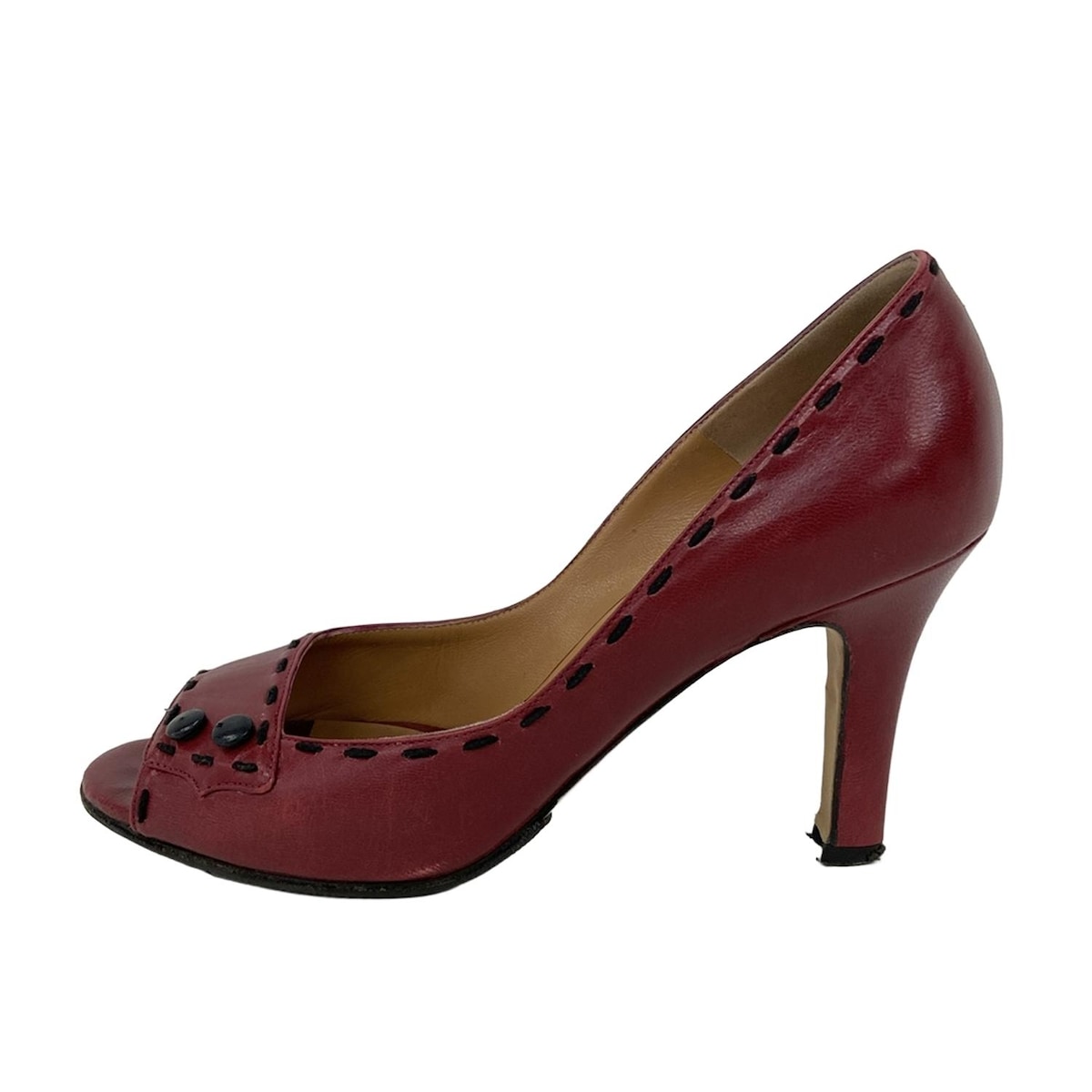 【新着】【中古】MANOLO BLAHNIK(マノロブラニク) パンプス ステッチ/オープントゥ/アウトソール張替済 ボルドー レザー