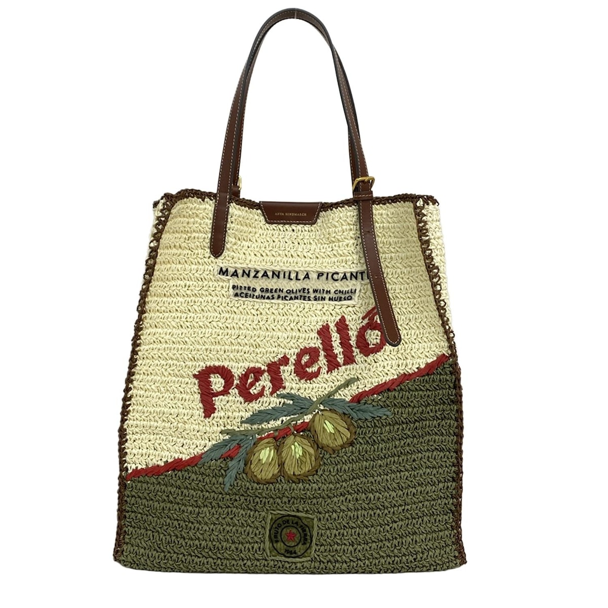 【中古】Anya Hindmarch(アニヤハインドマーチ) N/S トート ペレロ トートバッグ アイボリー×カーキ×マルチ レザー