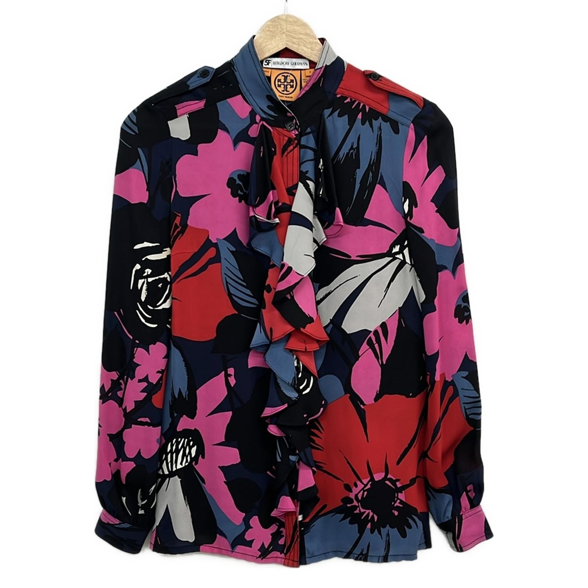 【新着】【中古】TORY BURCH(トリーバーチ) 長袖シャツブラウス シルク/花柄/BERGDORF GOODMAN 黒×レッド×マルチ