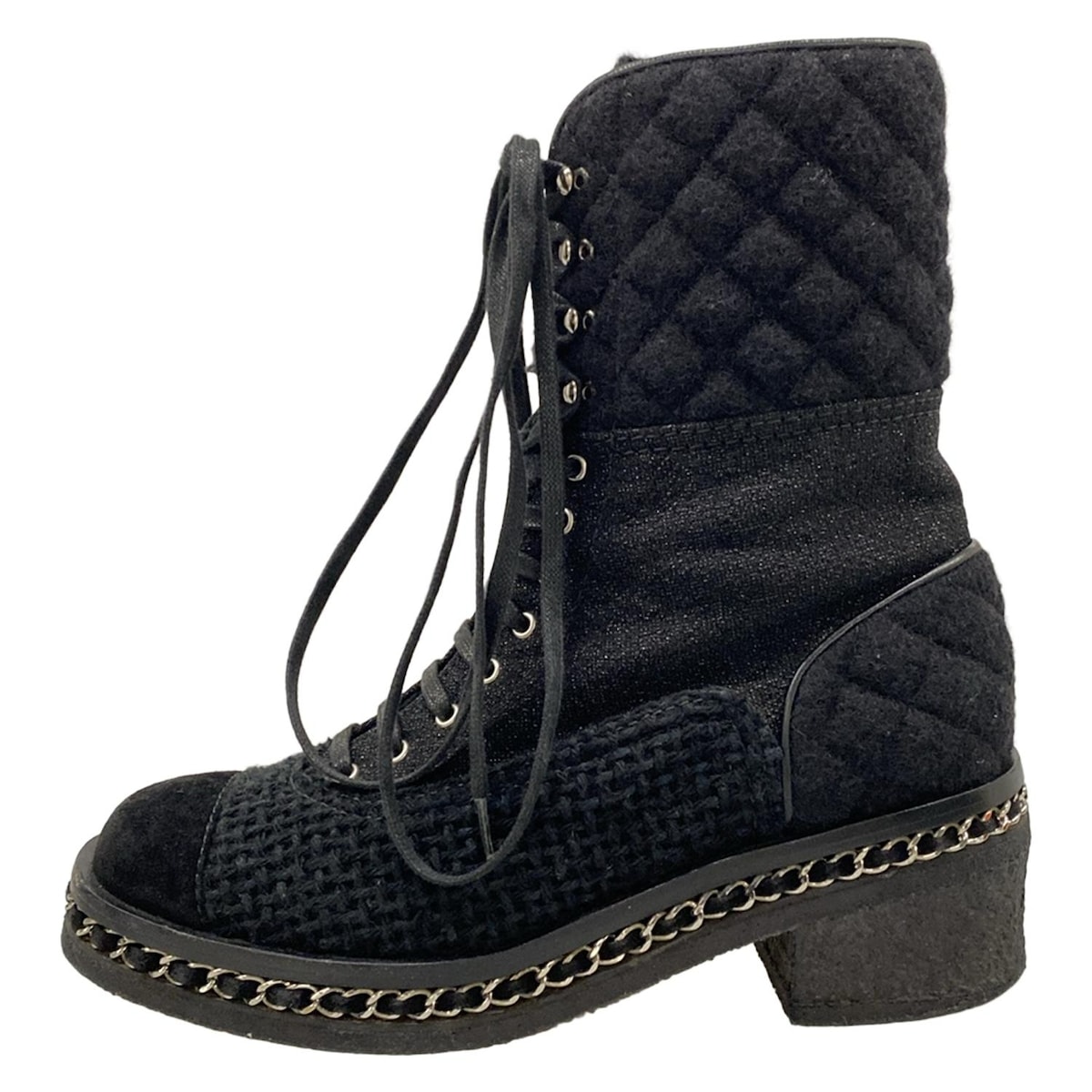 【中古】CHANEL(シャネル) ショートブーツ ラメ/チェーン 黒 ウール
