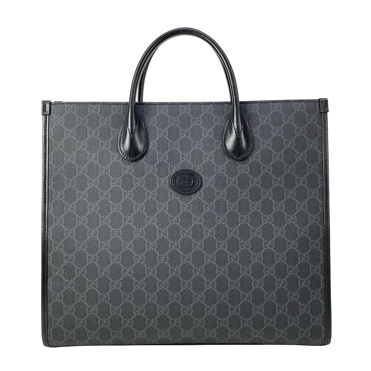 【新着】【中古】GUCCI(グッチ) インターロッキングG ミディアム トート トートバッグ 黒×ダークグレー レザー