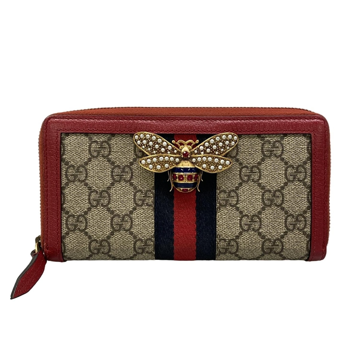 【中古】GUCCI(グッチ) 第一人者 マーガレット 長紙入れ ラウンドジッパー/蜂 まっ黒い赤銅色×赤いこと×マルチ なめし革