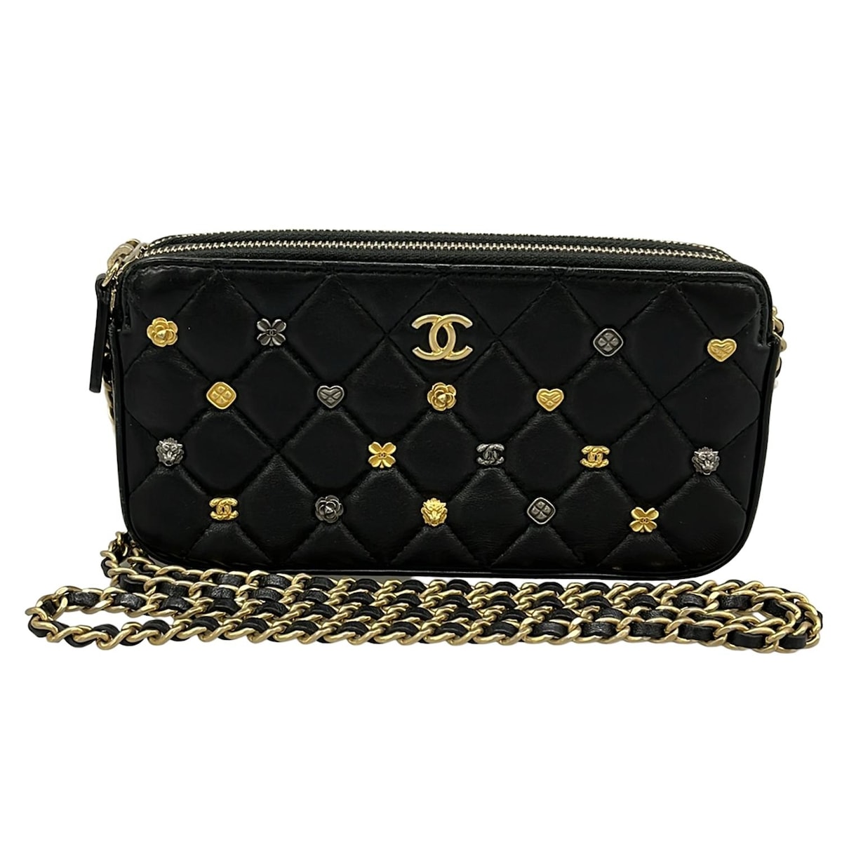 【中古】CHANEL(シャネル) マトラッセ/カメリア 財布 チェーンウォレット 黒 ラムスキン