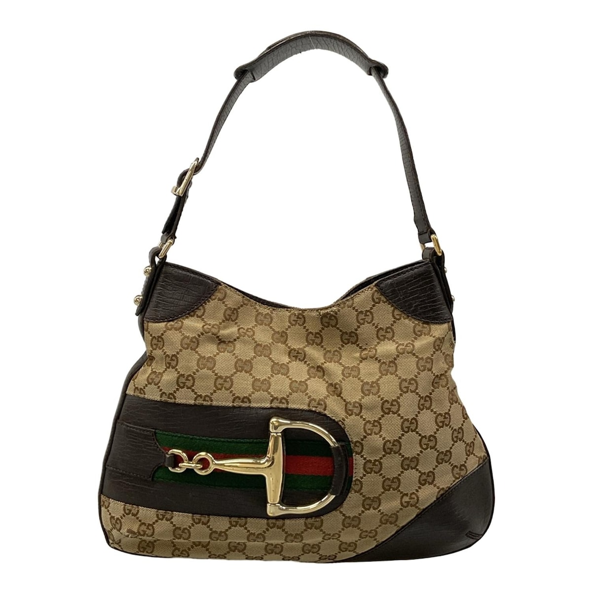 【新着】【中古】GUCCI(グッチ) GG柄,アイコンビット,シェリー(ウェブ) ショルダーバッグ ダークブラウン×ベージュ×マルチ レザー