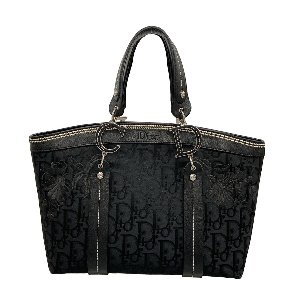 【新着】【中古】DIOR/ChristianDior(クリスチャンディオール/ディオール) お花/トロッター トートバッグ 黒 なめし革