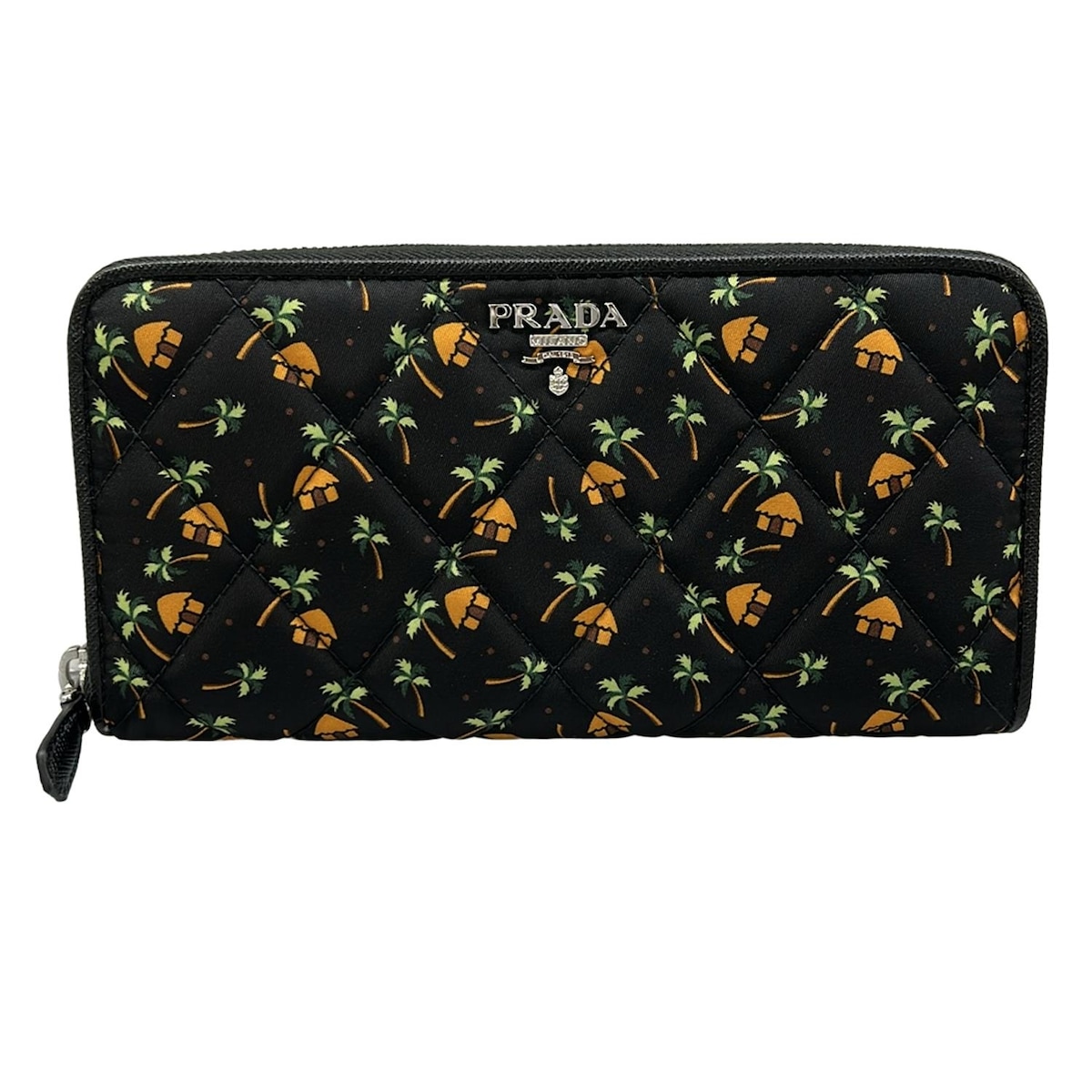【中古】PRADA(プラダ) 長財布 ラウンドファスナー/パームツリー柄 黒×オレンジ×グリーン レザー|ブランディア 店