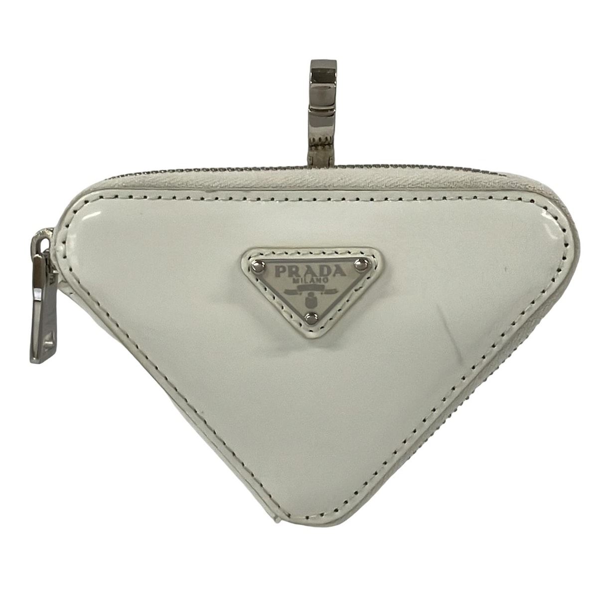【中古】PRADA(プラダ) ブラッシュドレザー ３角形 ミニ合切袋 合切袋 白 なめし革