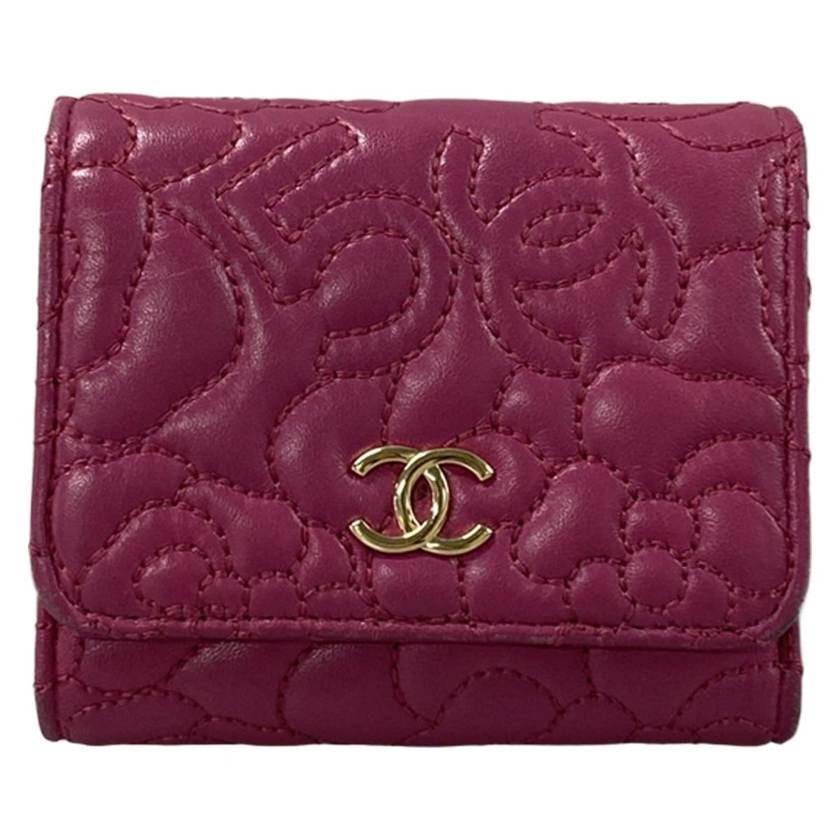 【中古】CHANEL(シャネル) 3つ折り財布 ココマーク/カメリア/No.5/ゴールド金具 ピンク ラムスキン