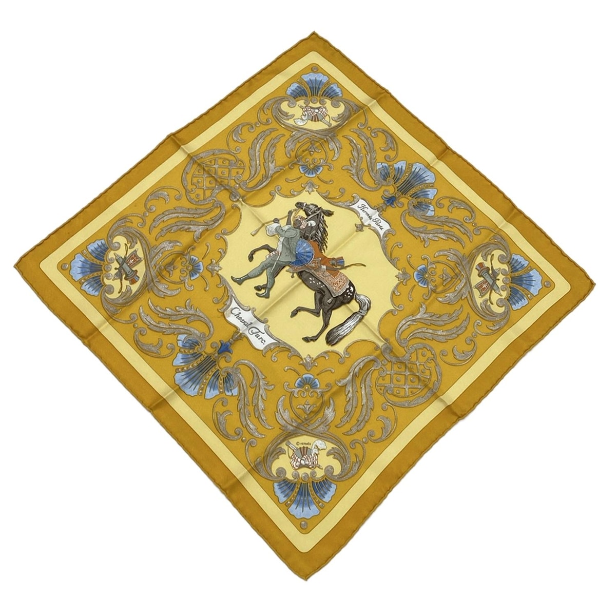 【新着】【中古】HERMES(エルメス) プチカレ スカーフ Cheval Turc ゴールド×グレーベージュ×マルチ