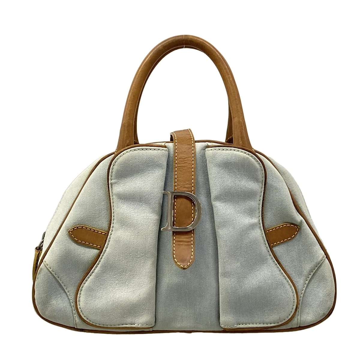 【新着】【中古】DIOR/ChristianDior(ディオール/クリスチャンディオール) ダブルサドルバッグ ハンドバッグ ライトブルー×ブラウン レザー