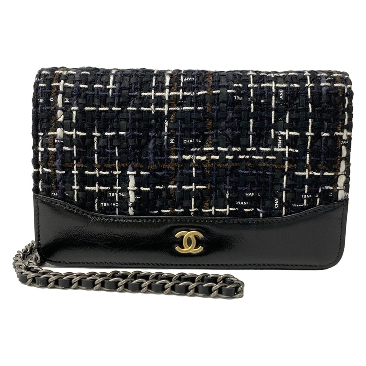 【中古】CHANEL(シャネル) マトラッセ 財布 チェーンウォレット/ヴィンテージシルバー×ヴィンテージゴールド金具 黒×白×ブラウン レザー