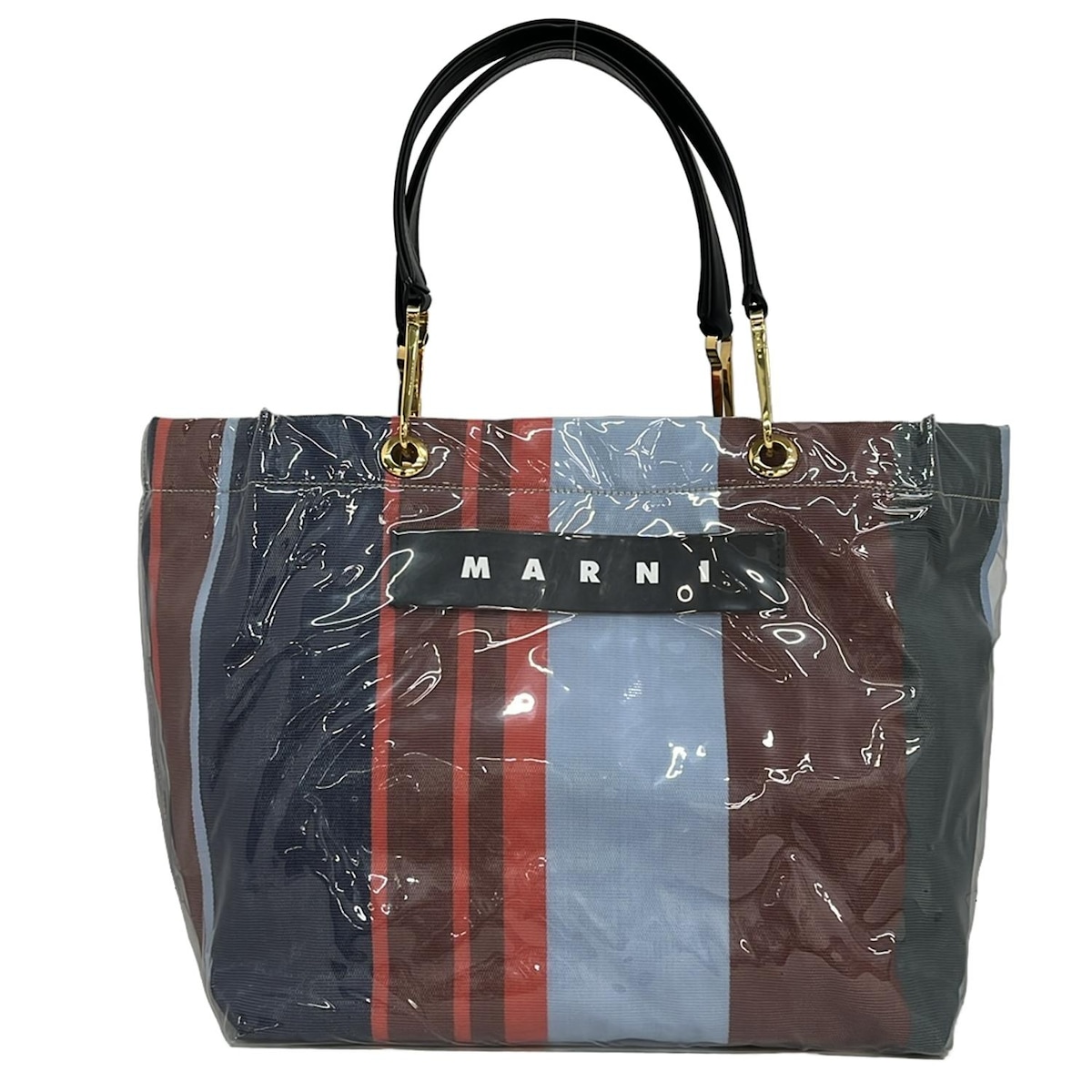 【新着】【中古】MARNI(マルニ) グロッシーグリップ トートバッグ ストライプ ライトブルー×レッド×マルチ コットン、レザー