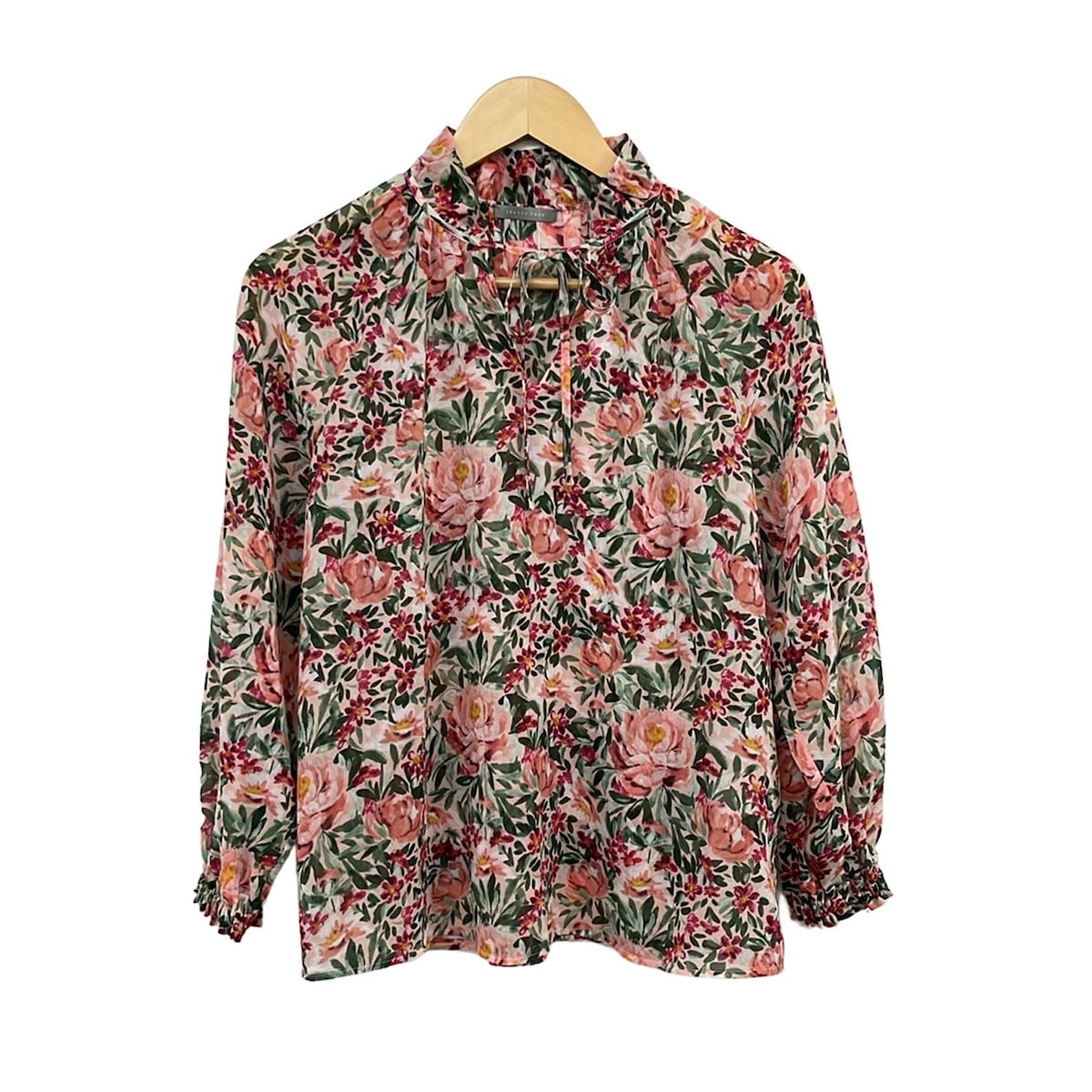 【新着】【中古】theory luxe(セオリーリュクス) 長袖シャツブラウス プルオーバー/イングリッシュガーデンプリント(花柄)/フリル/シアー ライトピンク×グリーン×マルチ