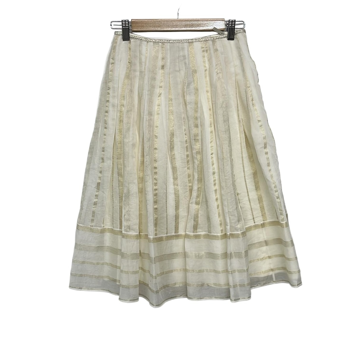 【新着】【中古】EPOCA(エポカ) ロングスカート シルク混/シースルー/ラメ/プリーツ/ストライプ アイボリー×ゴールド