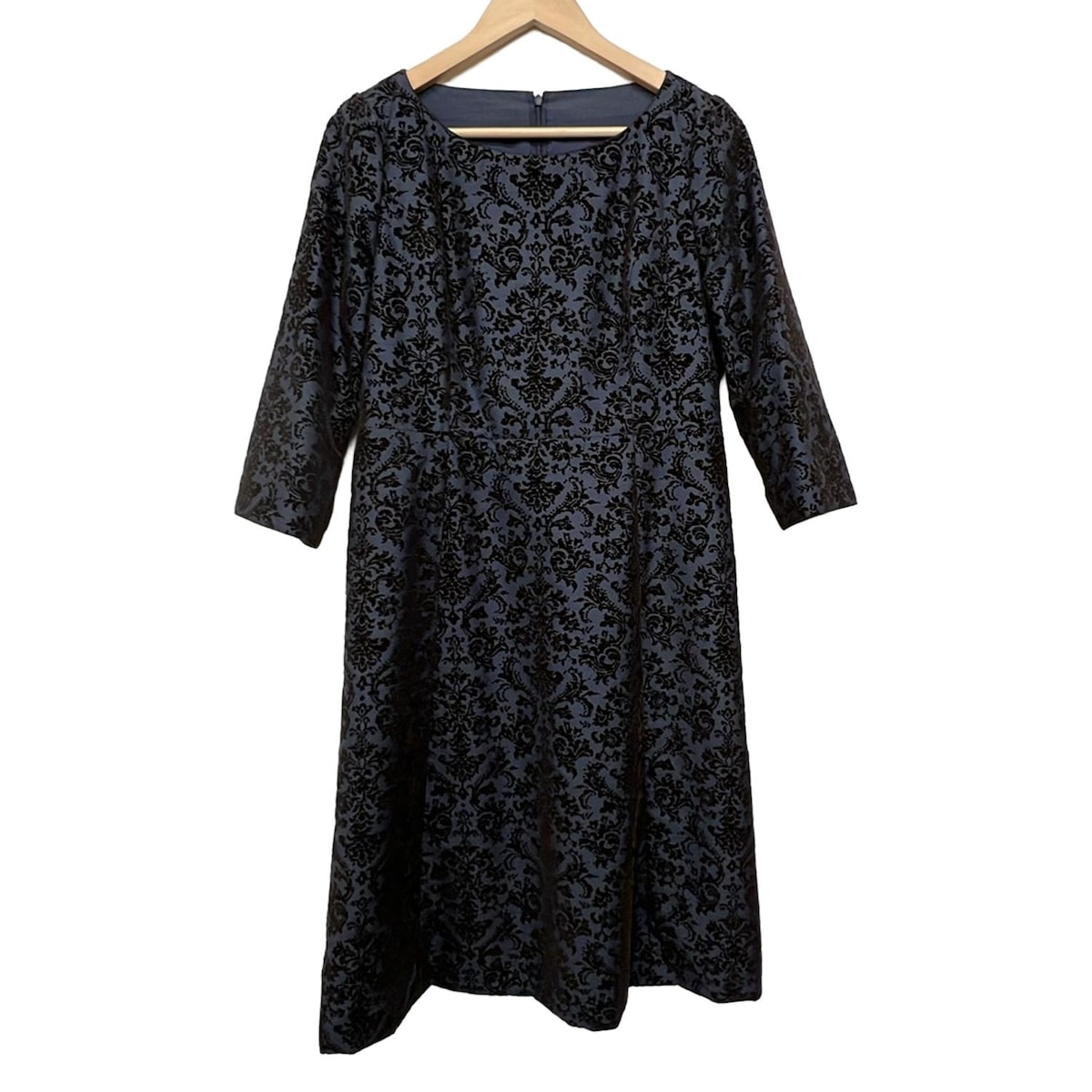 【新着】【中古】Leilian(レリアン) ワンピース 七分袖/ひざ丈/フロッキー ダークグリーン×黒
