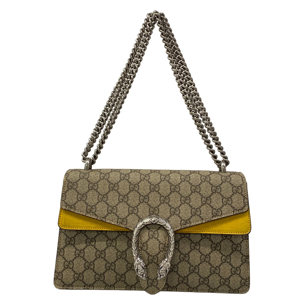 【新着】【中古】GUCCI(グッチ) ディオニュソス,GGプラス・GGスプリーム ショルダーバッグ チェーンショルダー ダークブラウン×ベージュ×イエロー