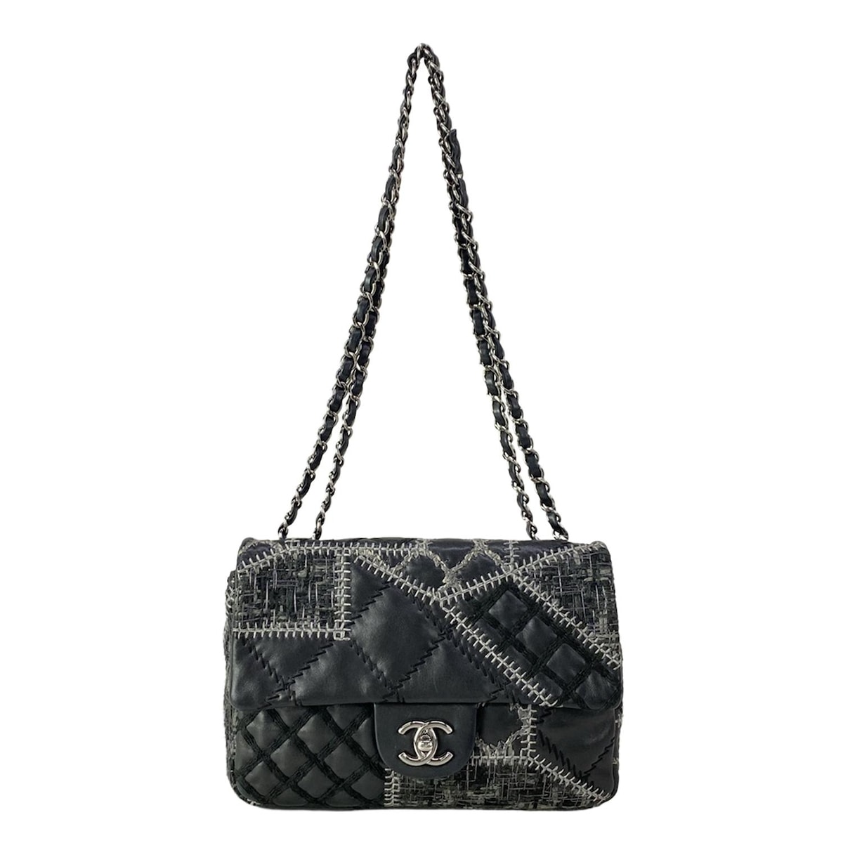 【新着】【中古】CHANEL(シャネル) シングルフラップマトラッセ ショルダーバッグ パッチワーク/チェーンショルダー/シルバー金具 黒×グレー ラムスキン