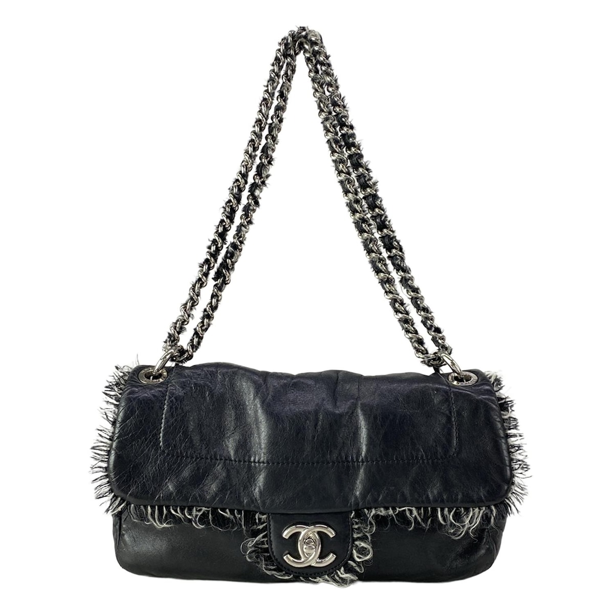 【新着】【中古】CHANEL(シャネル) ショルダーバッグ フリンジ/チェーンショルダー/シルバー金具 黒 ラムスキン