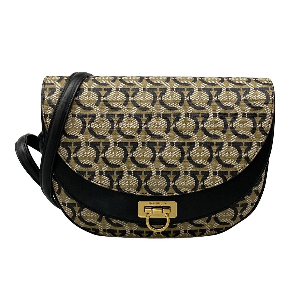 【新着】【中古】FERRAGAMO/SalvatoreFerragamo(サルバトーレフェラガモ) ガンチーニ ショルダーバッグ 黒×ベージュ×白 レザー