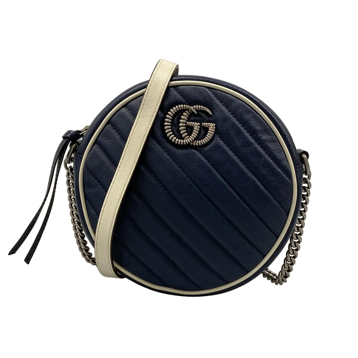 【新着】【中古】GUCCI(グッチ) GGマーモント ラウンド ミニ ショルダー ショルダーバッグ チェーンショルダー ネイビー×白 レザー
