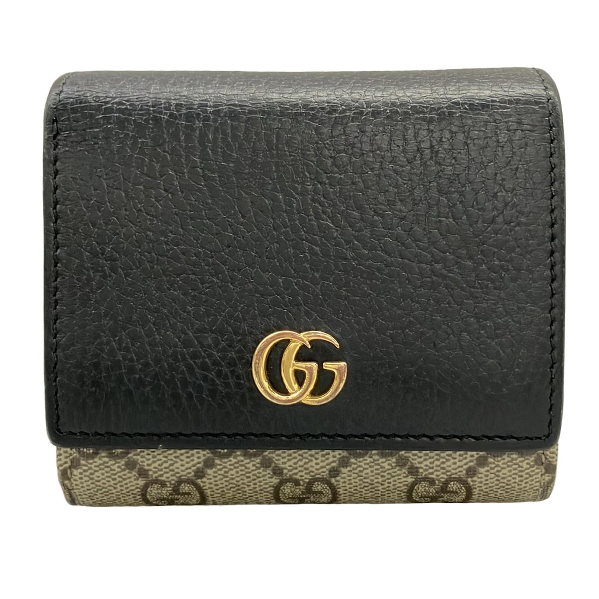 【新着】【中古】GUCCI(グッチ) GGマーモント/GGプラス・GGスプリーム 2つ折り財布 黒×ベージュ×カーキ レザー